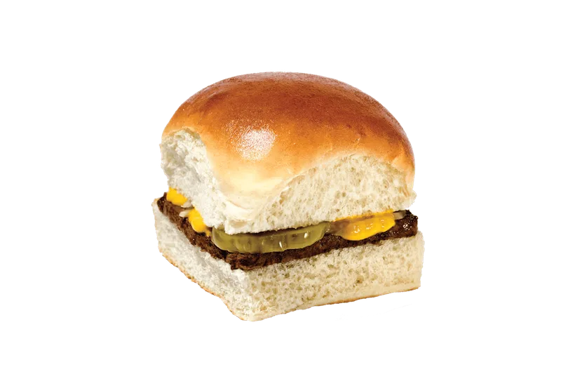Freshly steam-grilled Krystal sliders on iconic square buns with mustard and pickles